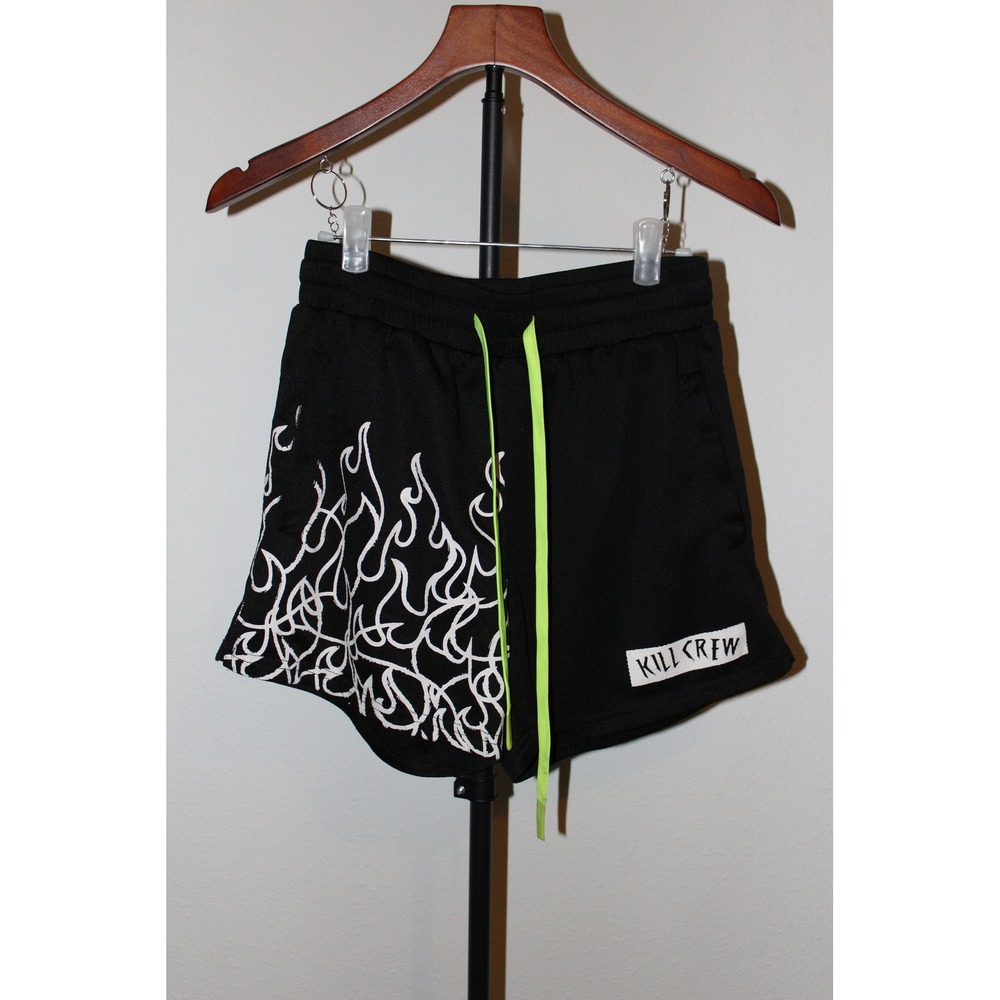 Kill Crew Black Flame Graphic Athletic Shorts Womens XS Neon Green Drawstring